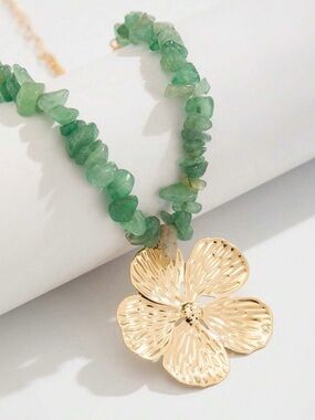 Gold Floral Pendant Necklace with Green Gemstone Chips